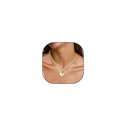 IQIC Chunky Heart Necklace for Women Gold Heart Pendant Necklace Charm Toggle Clasp Necklace Hammered Heart Necklace Statement Thick Chain Necklace Jewelry | Amazon (US)