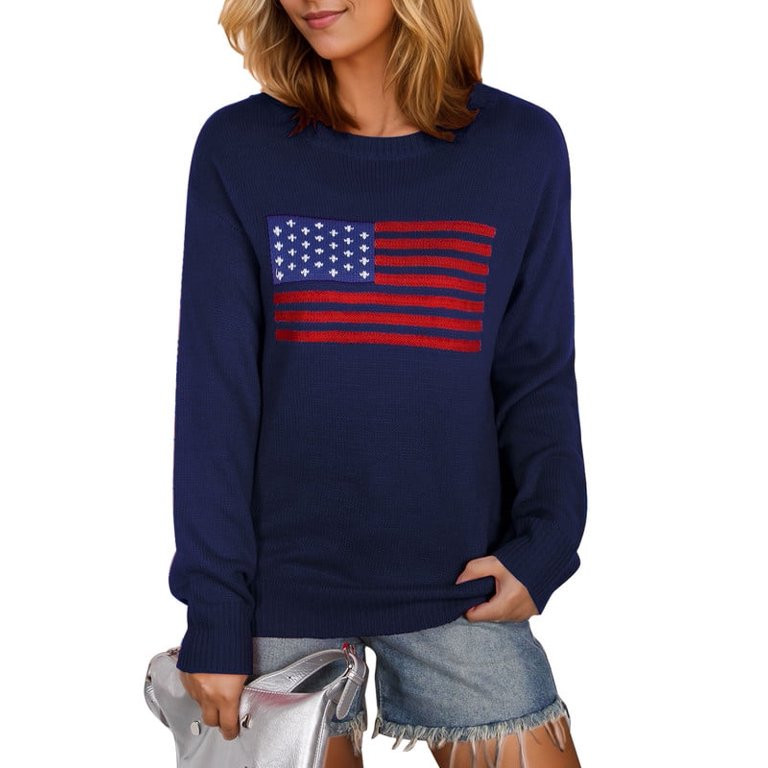 American Flag Graphic Sweaters for Women 4th of July Crew Neck Sweater Long Sleeve Casual Knit Pu... | Walmart (US)