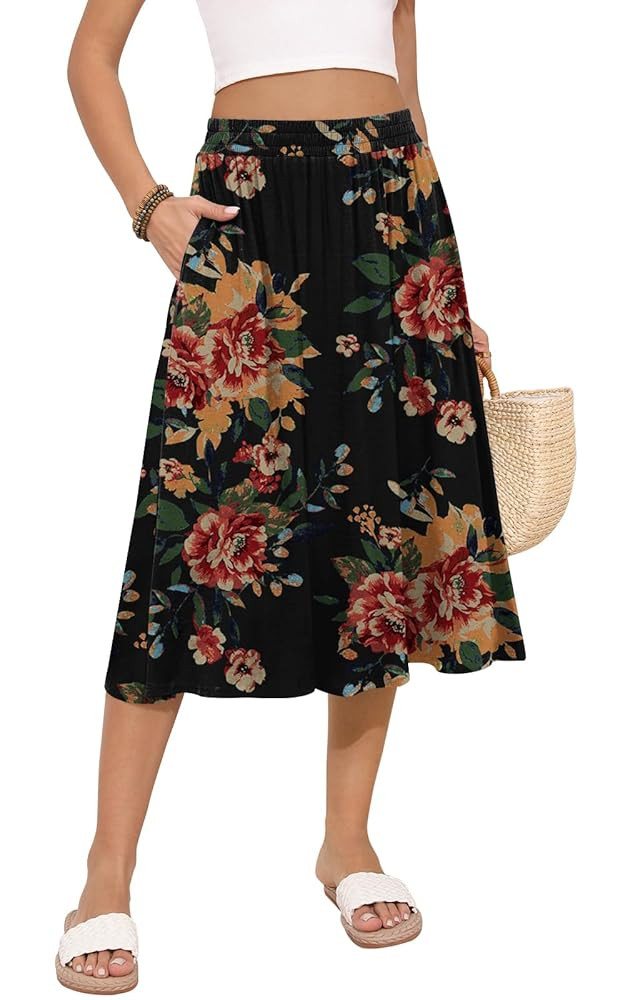 Women's Midi Skirt Summer Flowy Elastic High Waisted Casual Pleated Skirts with Pockets | Amazon (US)