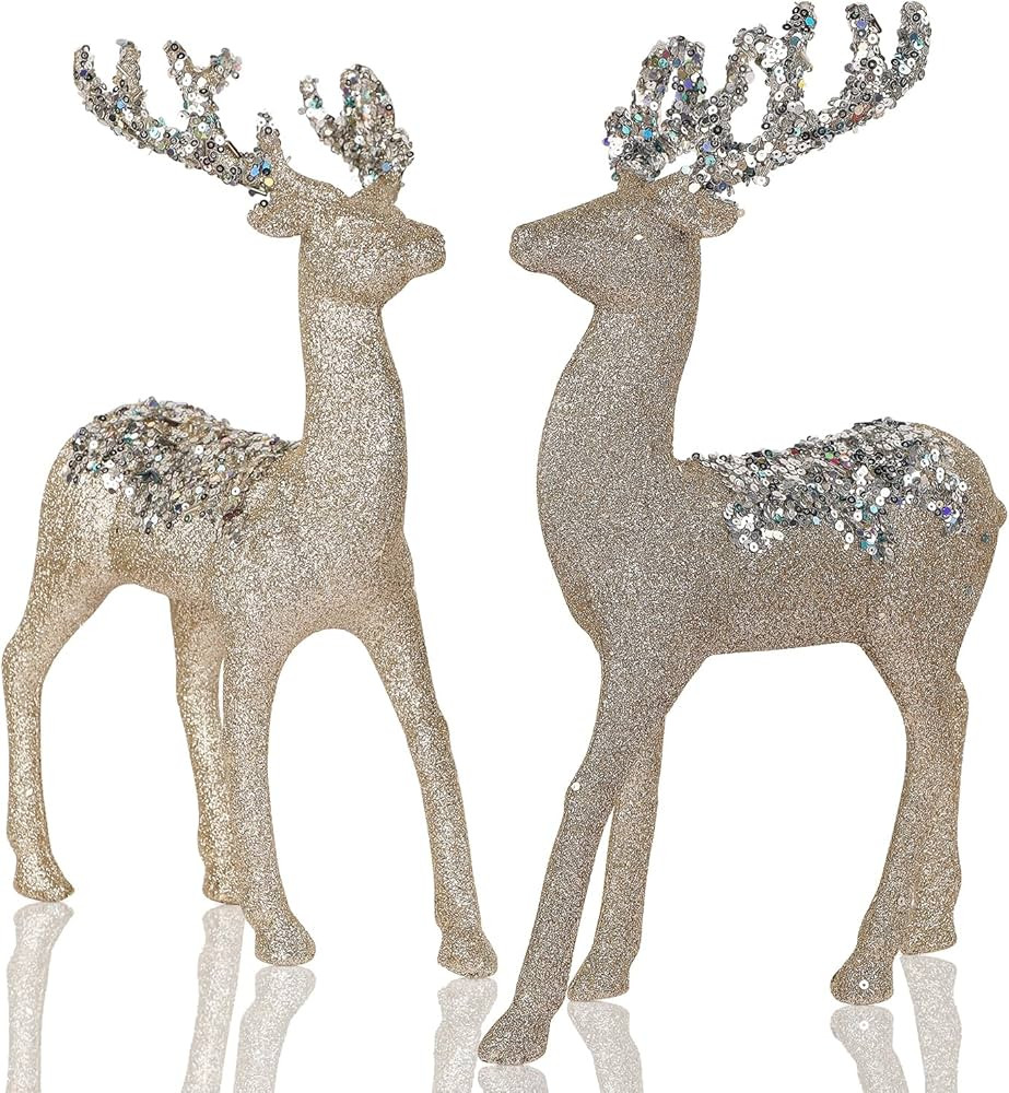 Juegoal Christmas Tabletop Decorations, Set of 2 Glitter Reindeer Figurines, 12.6" Xmas Plastic D... | Amazon (US)