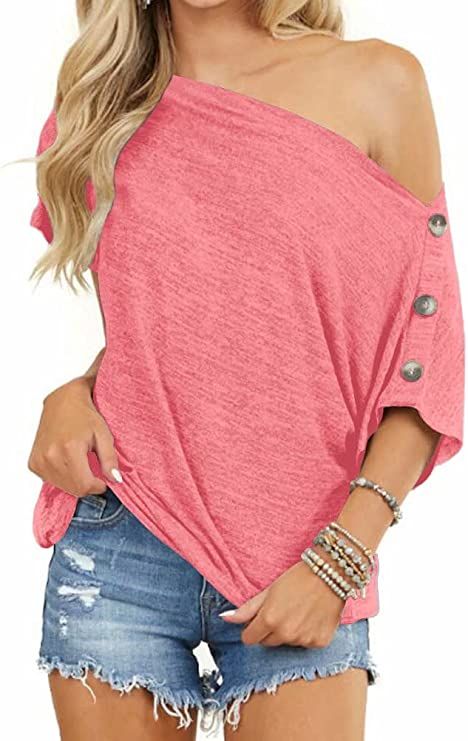 REVETRO Women's Off The Shoulder Tops Button Down Short Sleeve Shirt Casual Summer Tunic Blouse | Amazon (US)