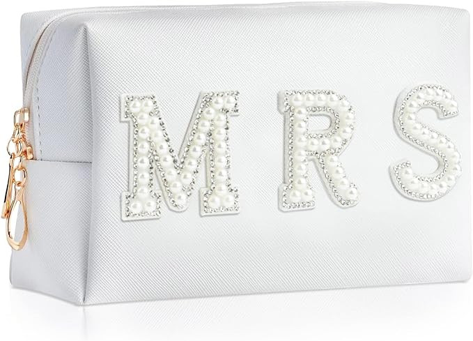 Bride Patch MRS Letter Makeup Bag for Women Bridesmaid Engagement Gift for Her White Pearl Rhines... | Amazon (US)