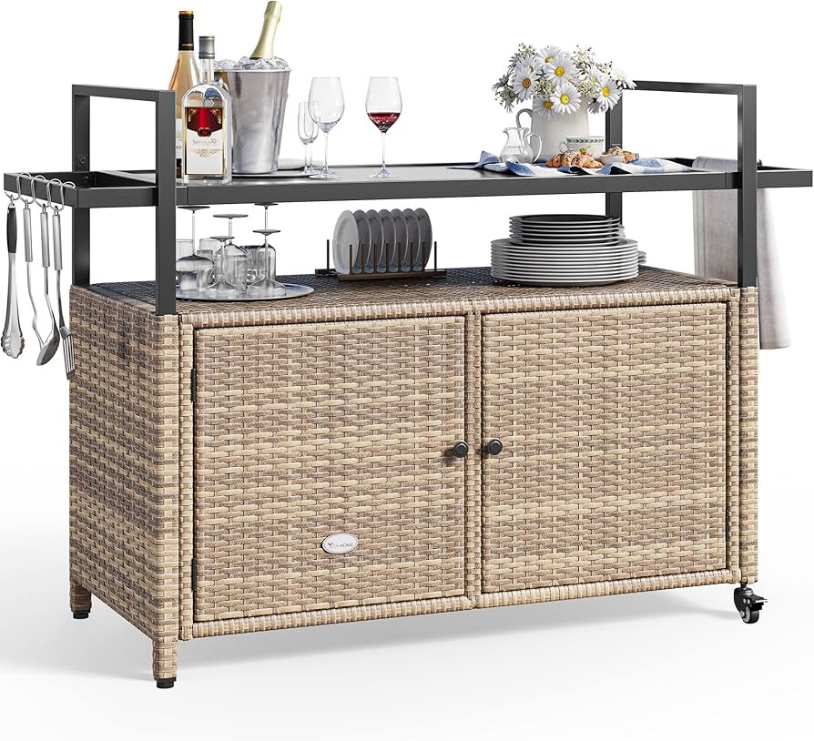 YITAHOME Large Outdoor Kitchen Wicker Island Rolling Cart &Bar Table, Wheels and Black Glass Tabl... | Amazon (US)