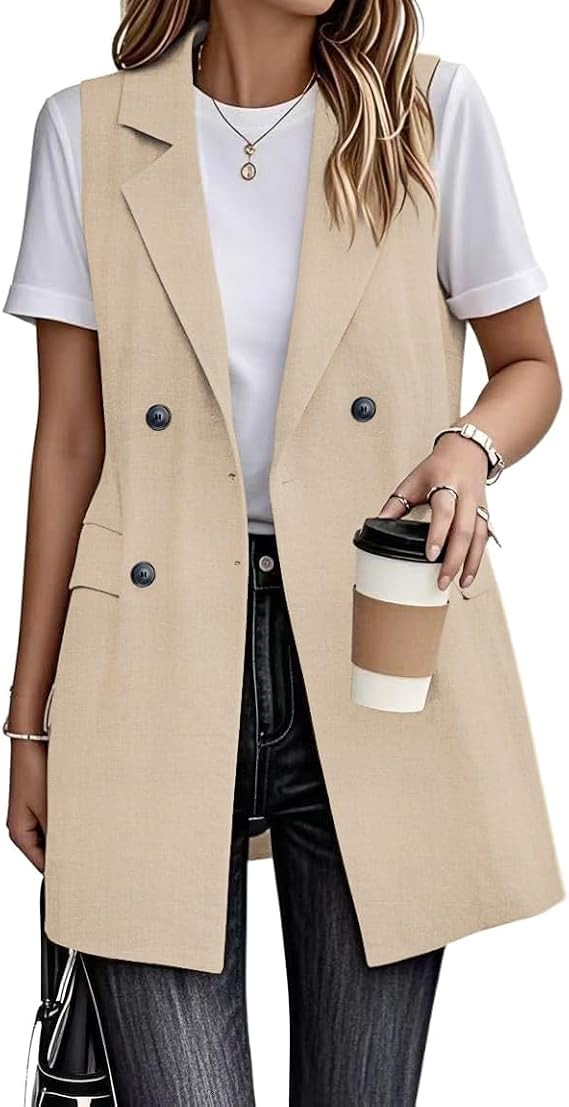 Womens Long Linen Vest Dressy Sleeveless Blazer Jackets Outerwear Tops | Amazon (US)