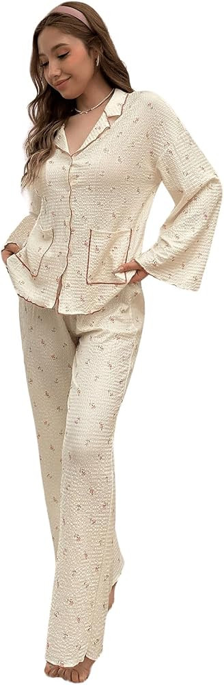 Verdusa Women's 2 Piece Floral Print Pajama Sets Button Up Top and Pants Sleepwear Pj Set | Amazon (US)