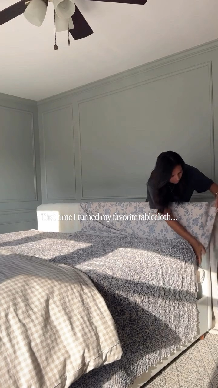I was trying to figure out how to give our old headboard new life because, honestly, it had reached the point of being downright gross 😅 I started looking at new headboards and was absolutely shocked. Every one I loved was somewhere between $1,500-$4,000 and I simply could not justify it.

Then one day I looked over at this $19 Amazon tablecloth I’ve had for years, the one I’ve always loved because it’s 100% linen and somehow gets softer and prettier with every wash, and thought…wait a second. What if I just covered the headboard with fabric?

Truly, that one little thought sent me spiraling in the best way. Before I knew it, the bed was taken apart, I had a staple gun in my hand, and there was no turning back 🤪 That’s pretty much how things tend to go around here.

And honestly? It ended up becoming one of my favorite projects we’ve ever done. It gave our bedroom so much more character, saved us thousands of dollars, and was shockingly easy.

Comment SHOP below and I’ll send you the exact tablecloth straight to your DMs.

-

#DIYHeadboard #BedroomMakeoverIdeas #VintageInspiredHome #LinenLover #ThriftedStyle