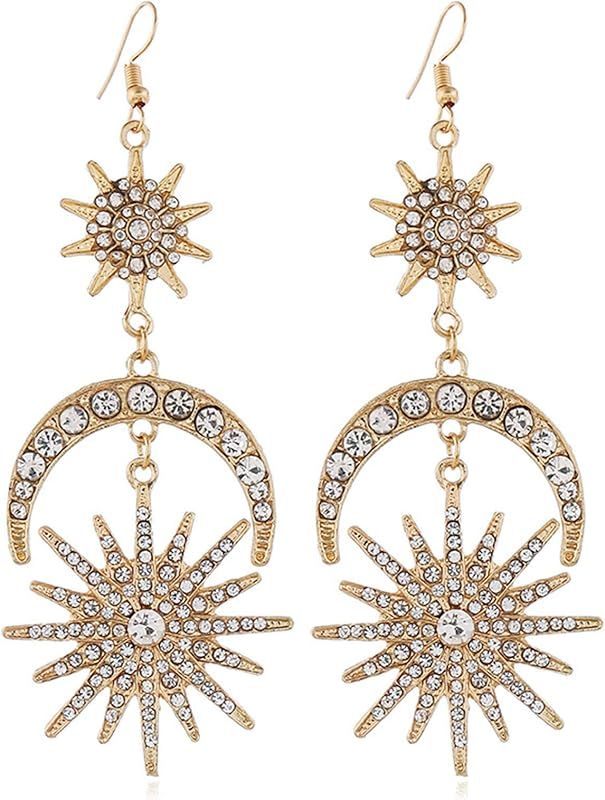 Moon Stars Earrings for Women Moon Earrings Rhinestone Punk Earrings for Women Jewelry Golden Boho V | Amazon (US)