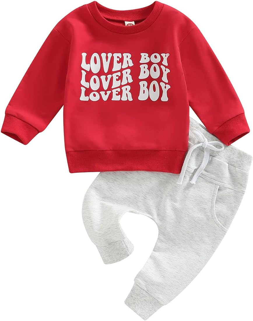 KtwHarnu Toddler Baby Boy Valentines Day Outfits Letter Print Long Sleeve Sweatshirt Sweatpants S... | Amazon (US)