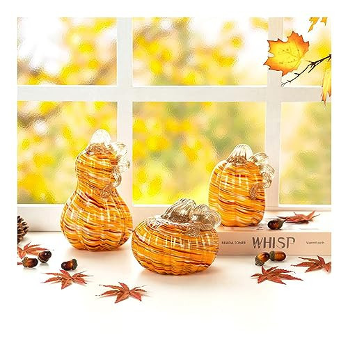 Glitzhome 3Pcs Handmade Table Top Glass Pumpkin, Collectible Sculpture Glass Pumpkins for Fall Halloween Thanksgiving Decorations, Orange | Amazon (US)