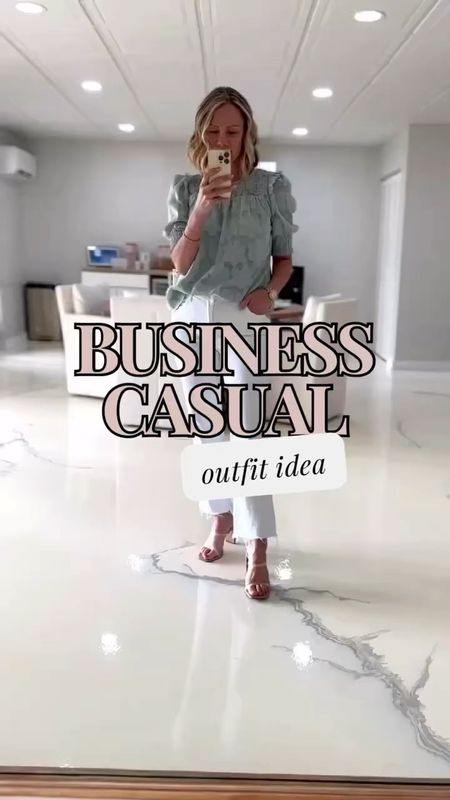 Business casual look! 
Fashionably late mom
Amazon fashion
White denim
Office look 
