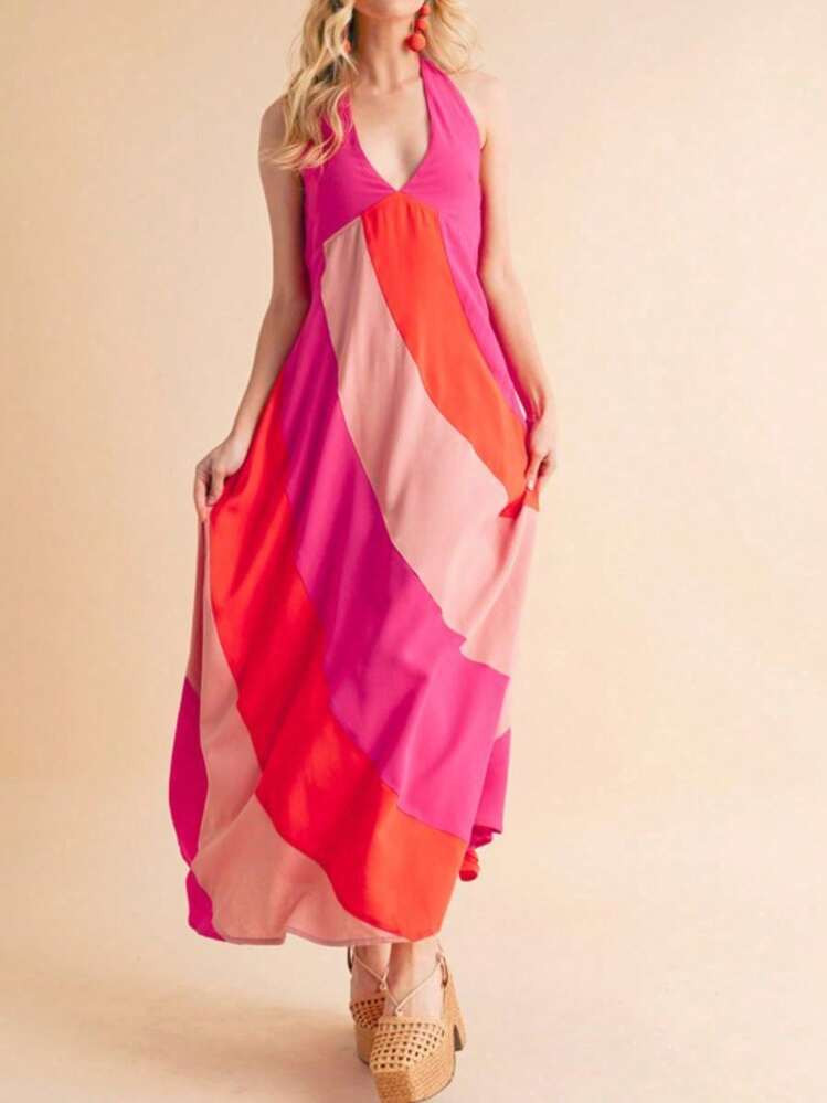 Womens Casual Summer Holiday Chic Color Block Geometric Pattern Halter Maxi Dress Pink Red Orange V Neck Sleeveless Flowy Swing A Line Floor Length Lightweight Beach Party Vacation Resort Wear | SHEIN