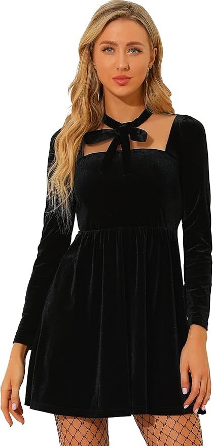 Amazon.com: Allegra K Women's Velvet Party Sheer Mesh Panel Christmas Tie Neck Sexy A-Line Mini D... | Amazon (US)