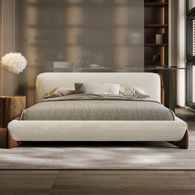 Curva Modern White Boucle Platform Bed King Size Bed Frame with Upholstered Headboard | Homary | Homary