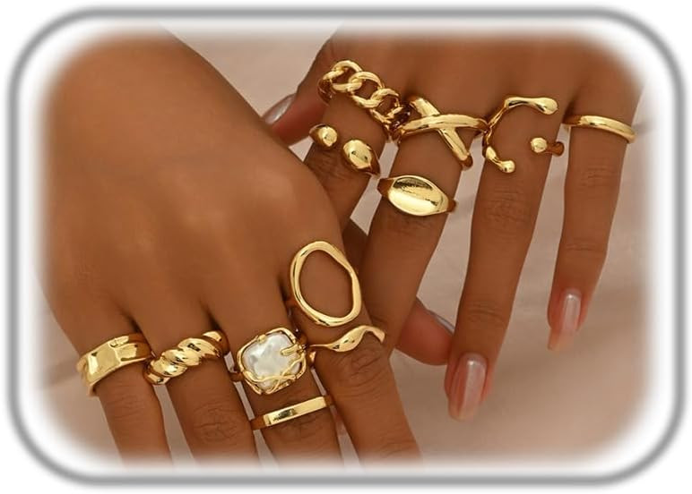 Chunky 14K Gold Plated Stackable Rings Set for Women,Vintage Knuckle Rings Dainty Hollow Carved J... | Amazon (US)