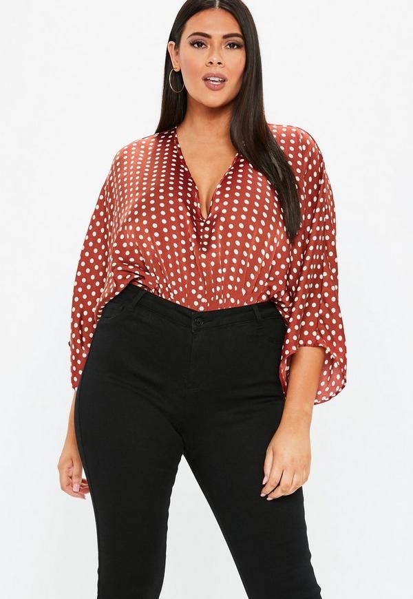 Missguided - Plus Size Rust Kimono Sleeve Polka Dot Bodysuit | Missguided (UK & IE)