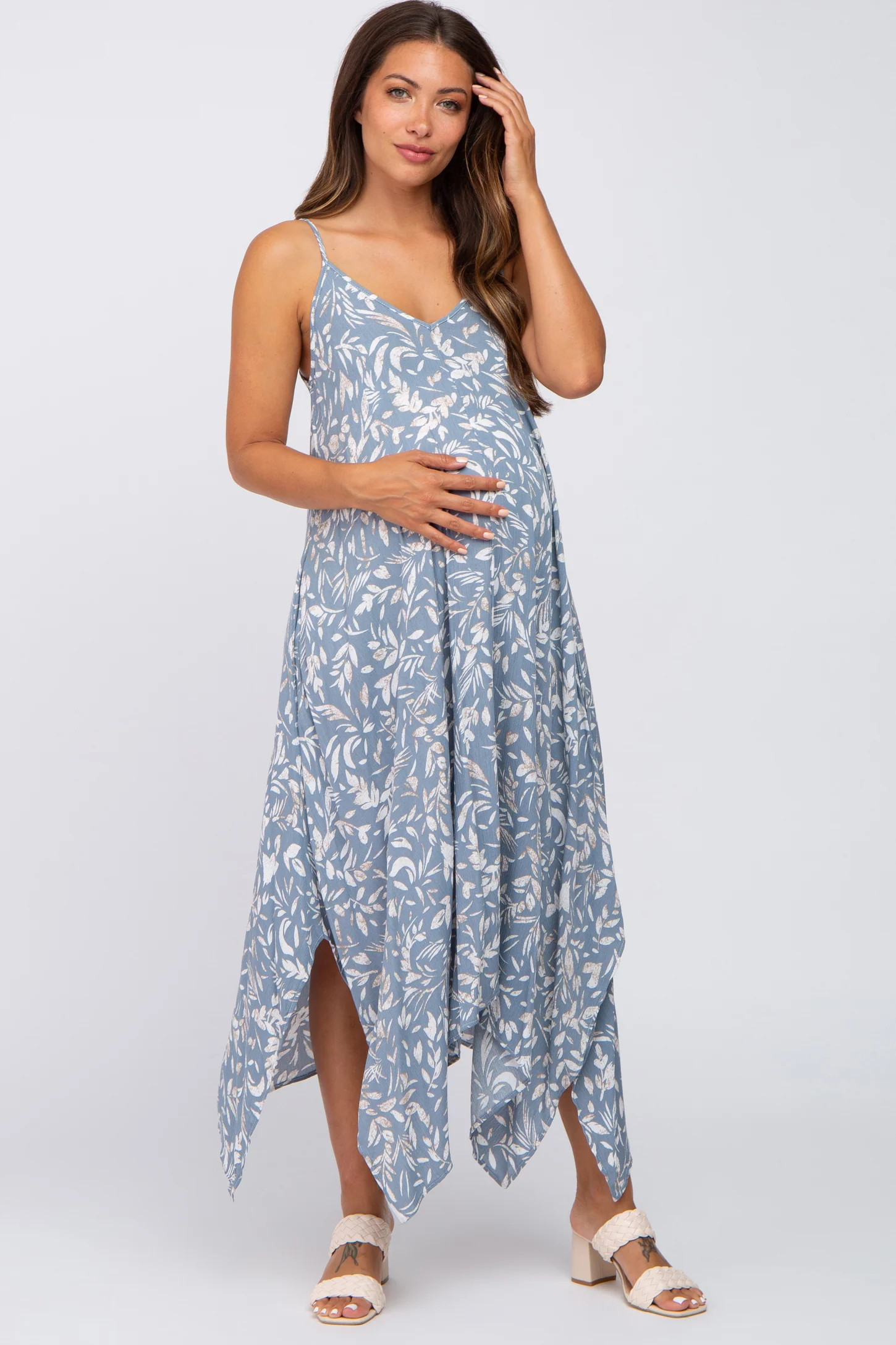 Blue Floral Handkerchief Maternity Midi Dress | PinkBlush Maternity