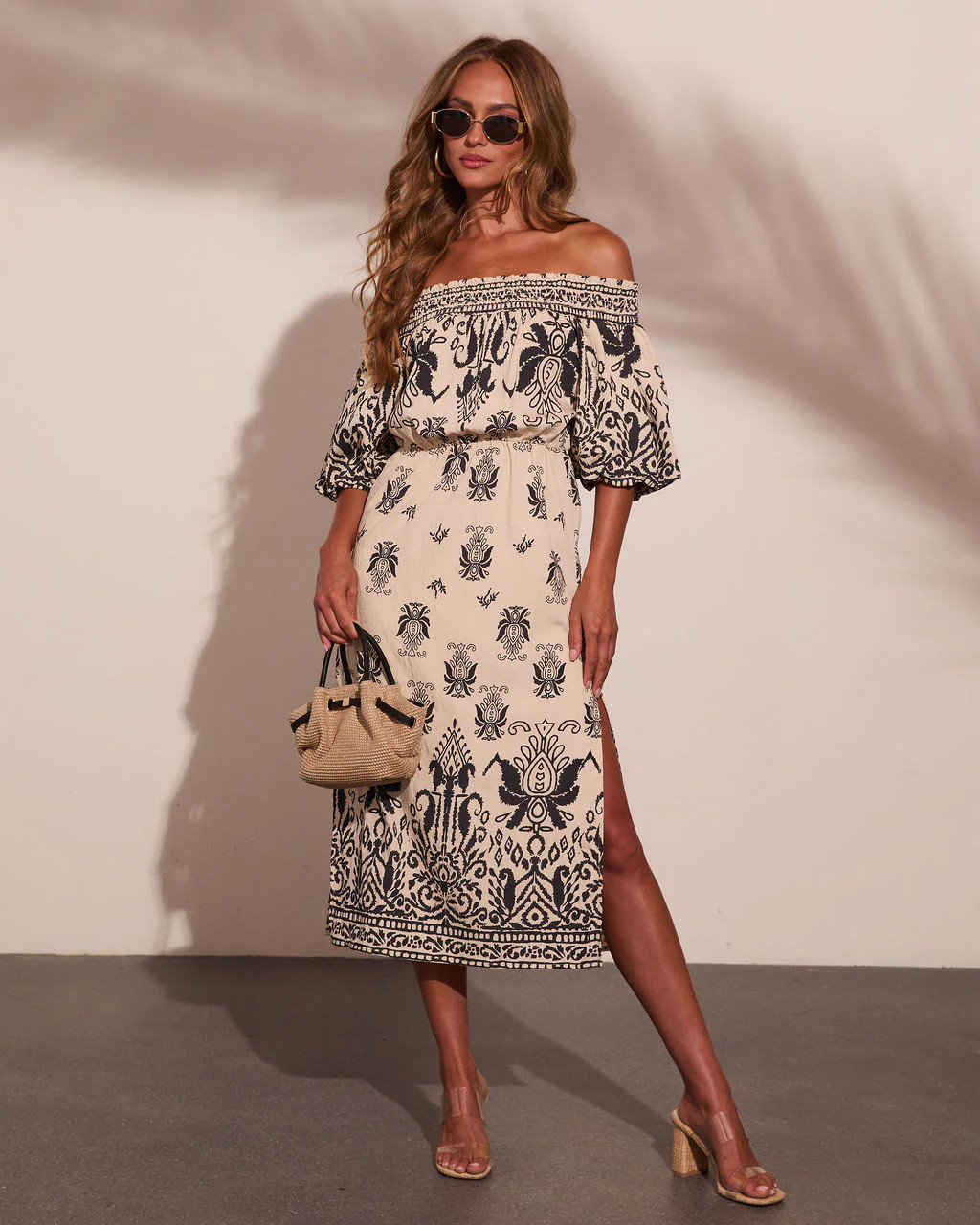 Solstice Spirit Paisley Off The Shoulder Midi Dress - Cream Multi / S | VICI
