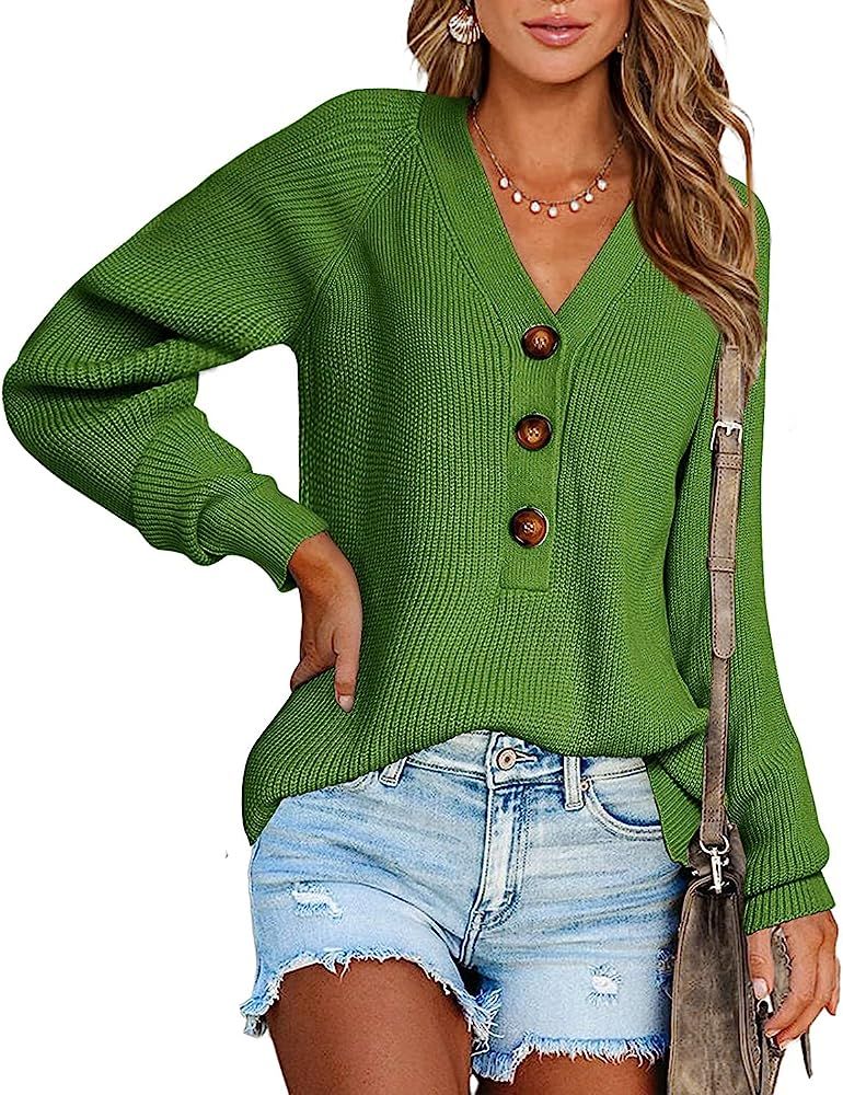 BTFBM Women Long Sleeve V Neck Button Down Sweater Solid Color Ribbed Knit Sweater Casual Relaxed Fi | Amazon (US)