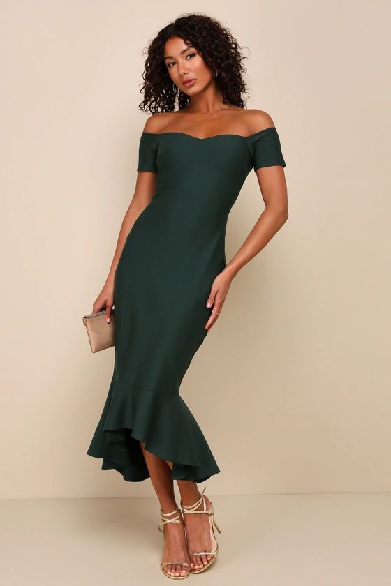 How Much I Care Dark Green Off-the-Shoulder Midi Dress | Lulus