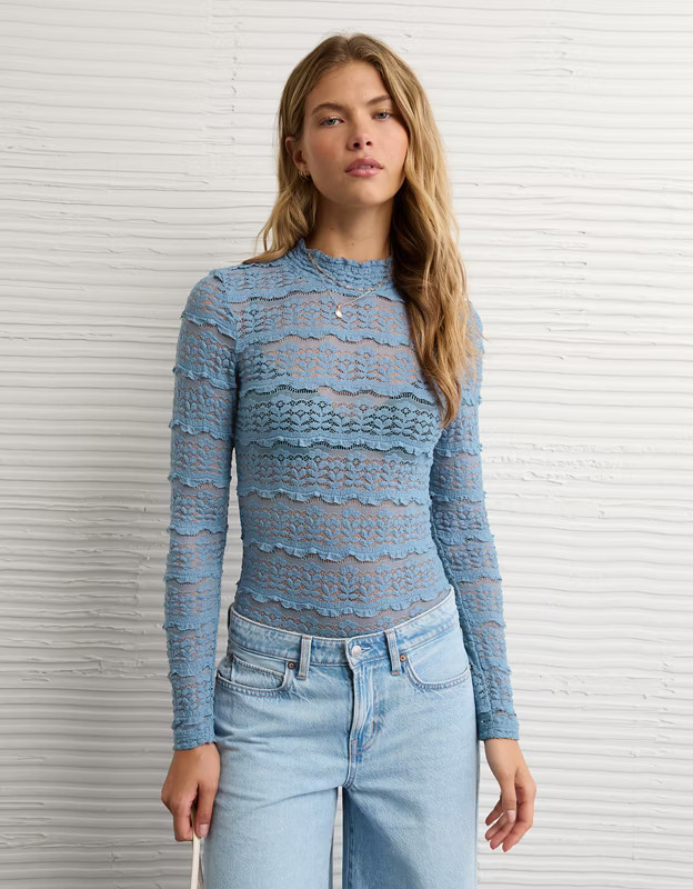 AE Long Sleeve Mock Neck Lace Bodysuit | American Eagle Outfitters (US & CA)