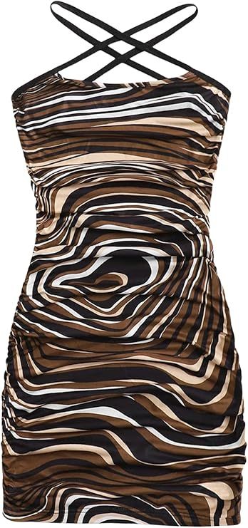 Milumia Women's Sexy Marble Print Criss Cross Sleeveless Ruched Bodycon Mini Dress | Amazon (US)