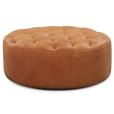 Poly & Bark Ascot Ottoman Cognac Tan: Round Tufted Leather, No Assembly, Dry Dust Care | Target