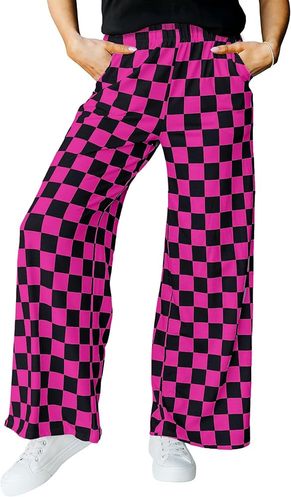 IWOLLENCE Women's Casual Loose Checkered Wide Leg Pants High Waist Straight Lounge Y2K Gingham Tr... | Amazon (US)