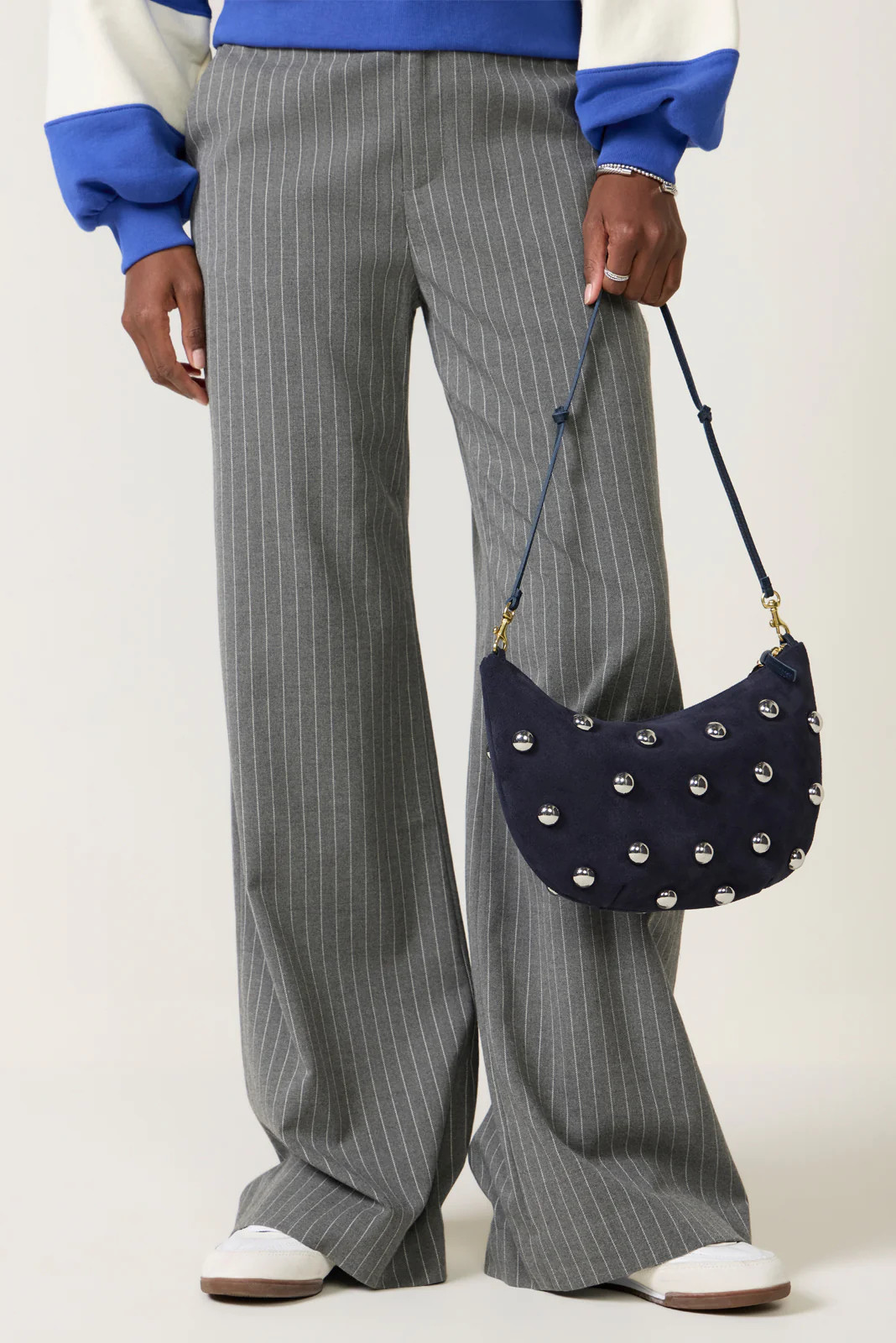 CLARE V. Women's Studded Lune Bag, Blue | Evereve