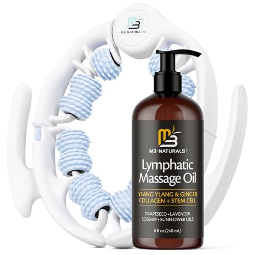 Lymphatic Massage Oil & Roller Kit for Massage Therapy - Ylang Ylang & Ginger Lymphatic Drainage Oil & Massager for Circulation & Detox Support, Non-Greasy Formula & Easy to Use Roller (8 Fl Oz) by M3 | Amazon (US)