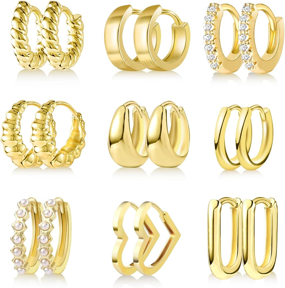 9 Pairs Small Gold Huggie Hoop Earrings Set for Women, 14K Real Gold Plated Hypoallergenic Cartil... | Amazon (US)