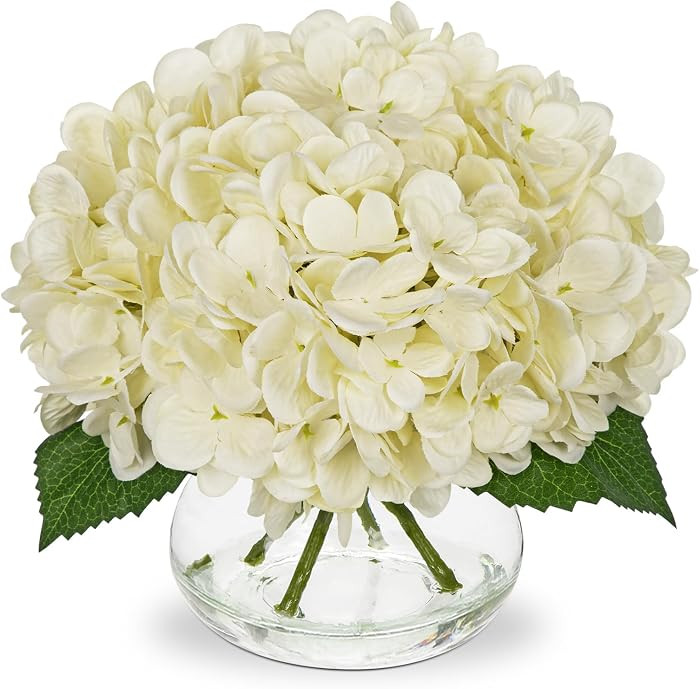 Hollyone Ivory White Hydrangea Artificial Flowers with Glass Vase Green Silk Faux Flowers Arrange... | Amazon (US)