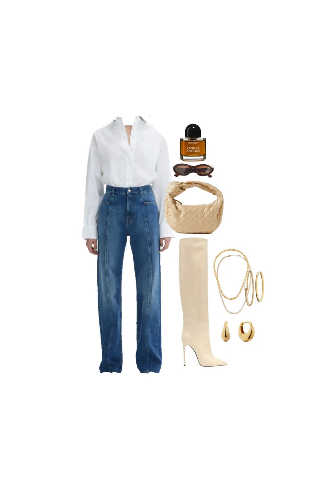 Denim dreams 
Distressed Denim jeans 
High waisted jeans 
Abercrombie style 
The row 
Peplum white shirt, white shirt, crisp white shirt, off duty looks, 
Bottega dupe, bottega bag, cream knee high boots, gold accessories, byredo perfume, tortoise shell sunglasses 

#LTKBacktoSchool #LTKworkwear #LTKSeasonal