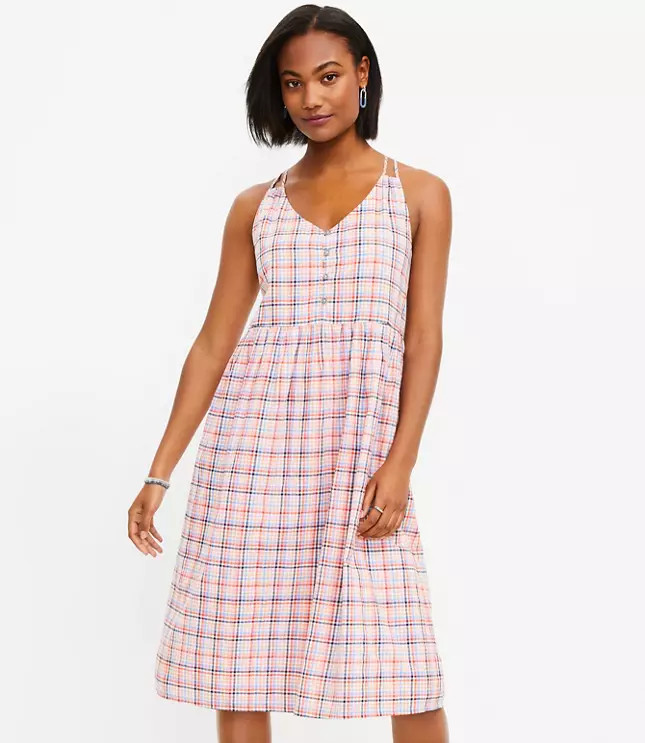 Plaid Strappy Button Midi Dress | LOFT