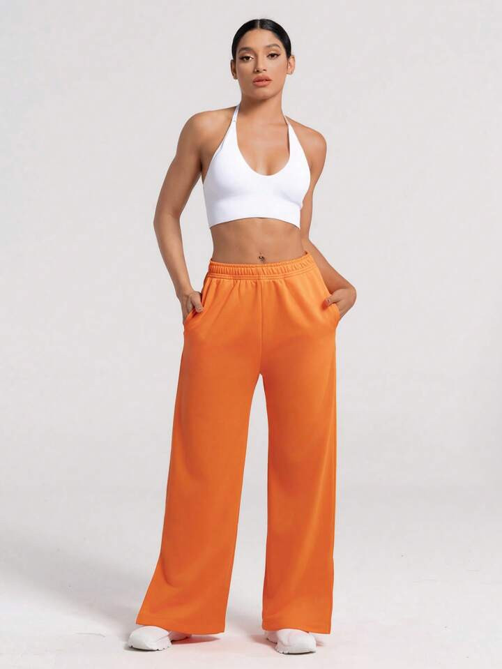 SHEIN Daily&Casual Plain Elastic Waist Slanted Pocket Straight Leg Sports Pants | SHEIN