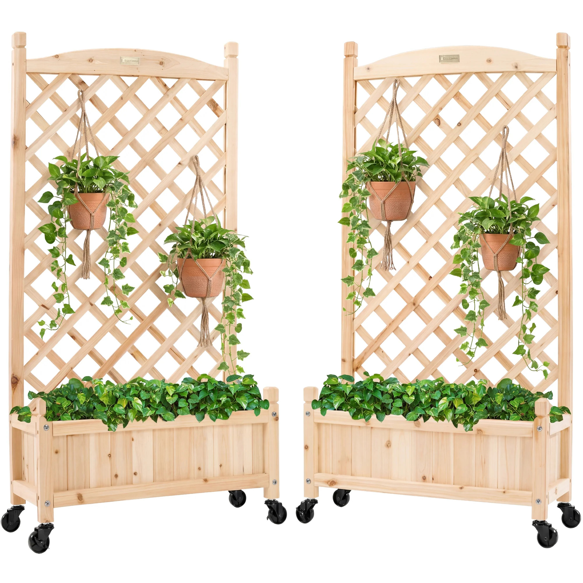 Set of 2 Wood Planter Box & Lattice Trellis w/ Optional Wheels - 48in | Best Choice Products 