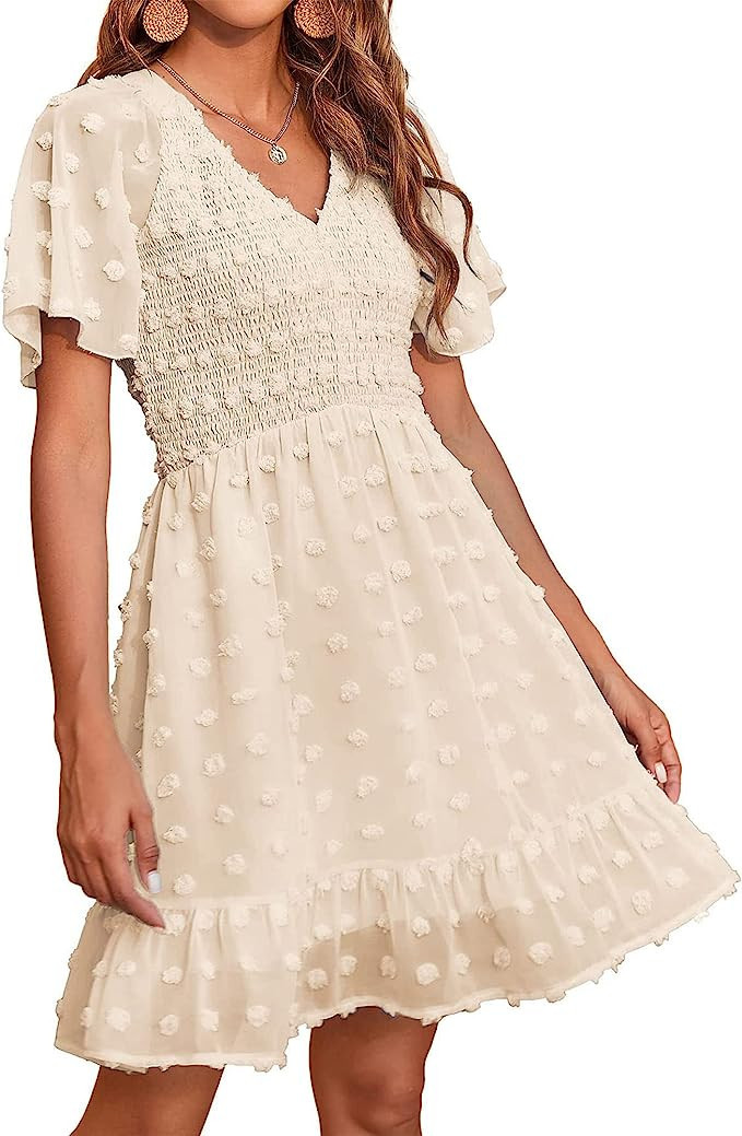 BTFBM Women's V Neck Smocked Short Sleeve Casual Dress Swiss Dot Swing Flowy Ruffle Hem Mini Beac... | Amazon (US)