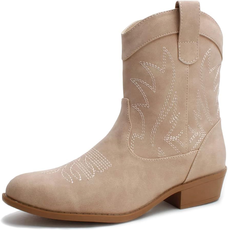 Western Cowgirl Cowboy Ankle Boots for Women or Ladies, Mid Calf, Vegan Leather Embroidered Upper... | Amazon (US)