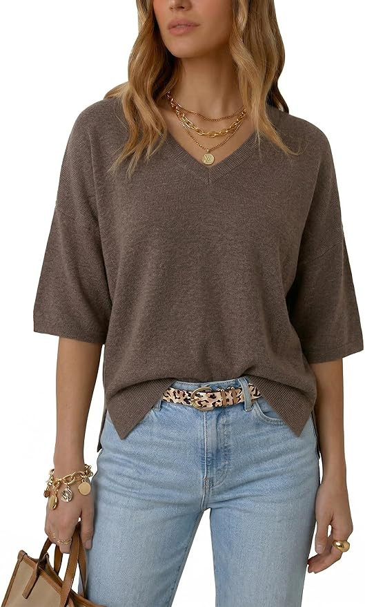 Arach&Cloz Women's Wool Blend Elbow Sleeve Summer Oversized Casual Sweater | Amazon (US)