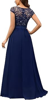 Miusol Women's Elegant V-Neck Cap Sleeve Sequined Floral Lace Formal Party Maxi Dress | Amazon (US)