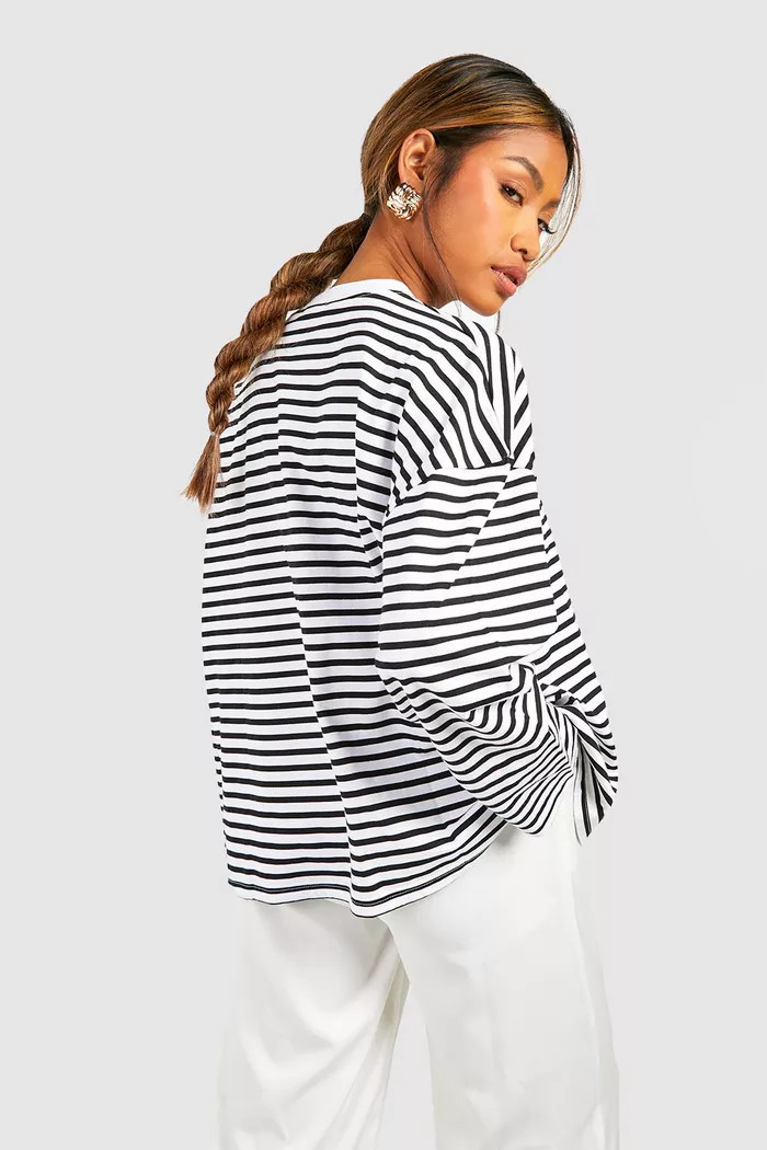 Basic Cotton Oversized Long Sleeve Striped T-shirt | boohoo (US & Canada)