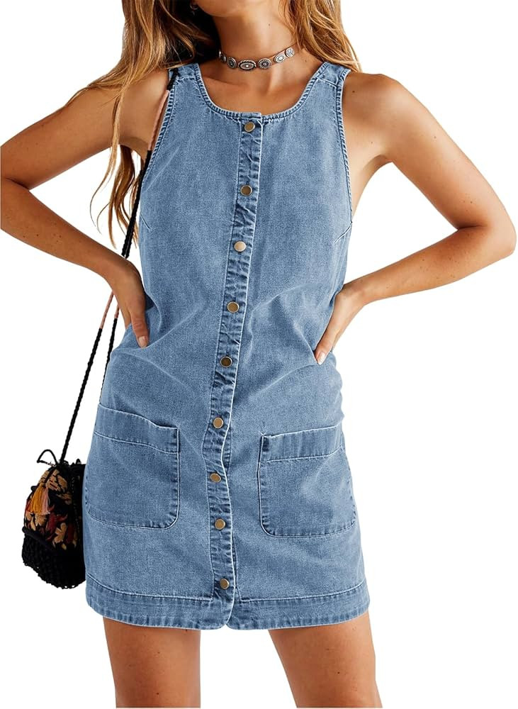 Esobo Womens Sleeveless Denim Dresses Button Down Casual Summer Cross Back Slim Fit Jean Mini Dre... | Amazon (US)