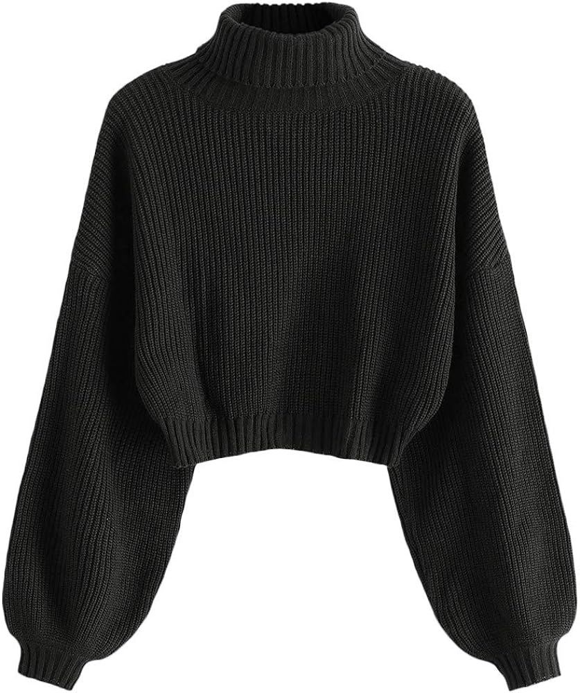 ZAFUL Women's Pullover Sweater Drop Shoulder Plain Knitted Cropped Sweater Pullover Solid Long Sleev | Amazon (US)