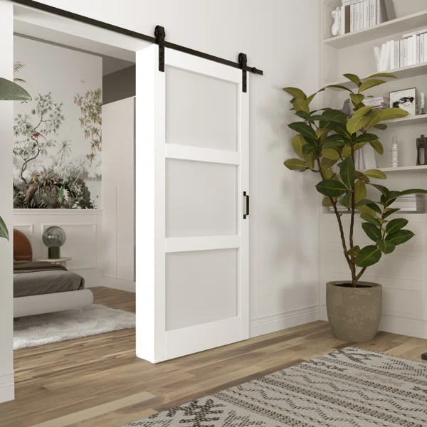 Paneled Wood and Frosted Glass Barn Door with Installation Hardware Kit | Wayfair North America