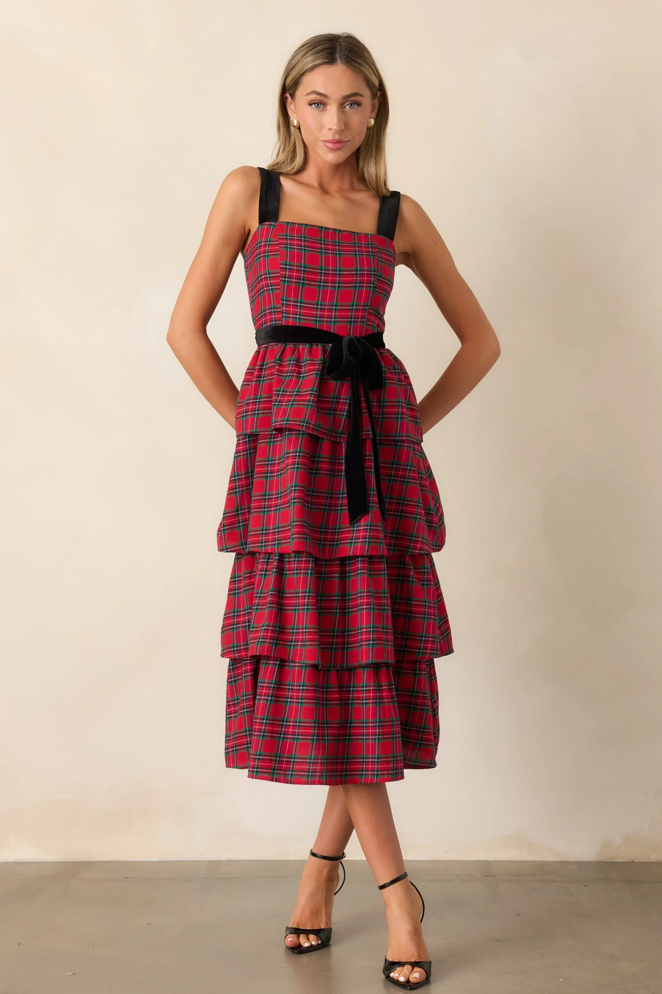 Elegance Defined 100% Cotton Red Plaid Tiered Midi Dress | Red Dress
