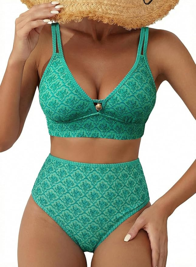 Herseas Women's 2 Piece Floral Print Bikini Sets V Neck Stitch Swimsuits High Waisted Bathing Sui... | Amazon (US)