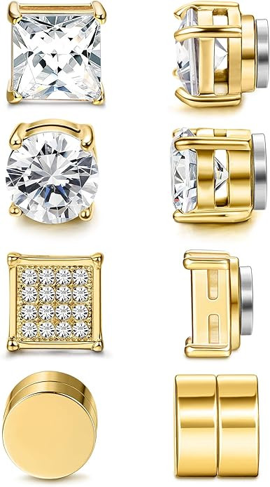 Jstyle 4 Pairs Stainless Steel Magnetic Stud Earrings for Men Women Gold CZ Non-Piercing Clip On ... | Amazon (US)