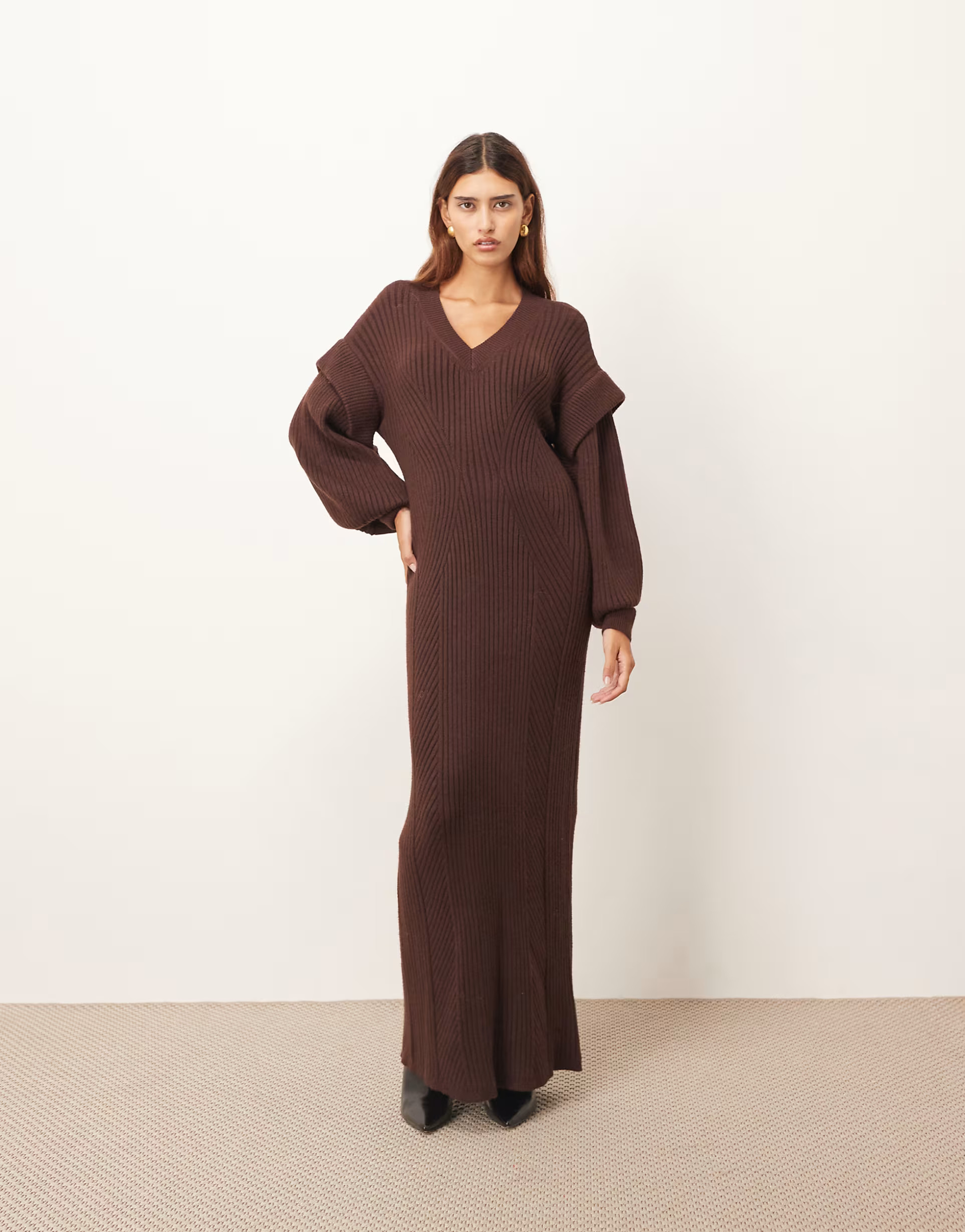 ARRANGE rib knit v neck maxi dress with shoulder detailing in chocolate | ASOS | ASOS (Global)