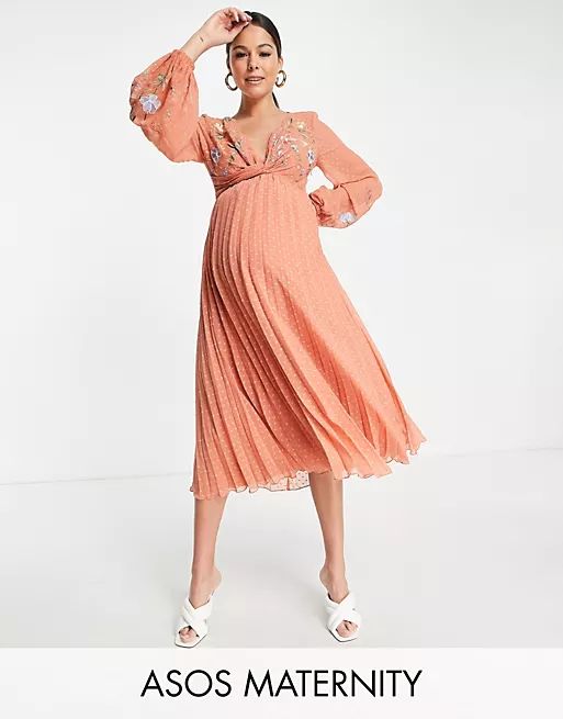 ASOS DESIGN Maternity dobby twist front pleated midi dress with all over embroidery in rust | ASOS (Global)