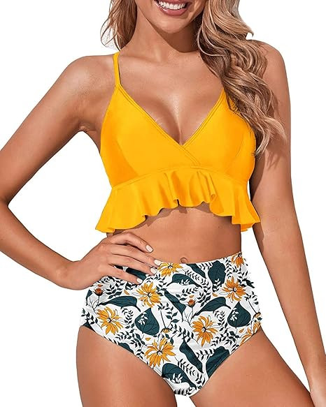 Tempt Me Women Two Piece Swimsuits High Waisted Bikini Set Ruffle Flounce Tummy Control Bottoms B... | Amazon (US)