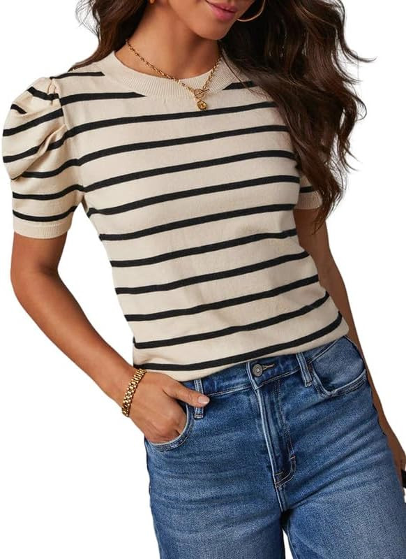 Dokotoo Women's Short Puff Sleeve Knit Tops 2024 Trendy Crewneck Striped T Shirts Casual Summer B... | Amazon (US)